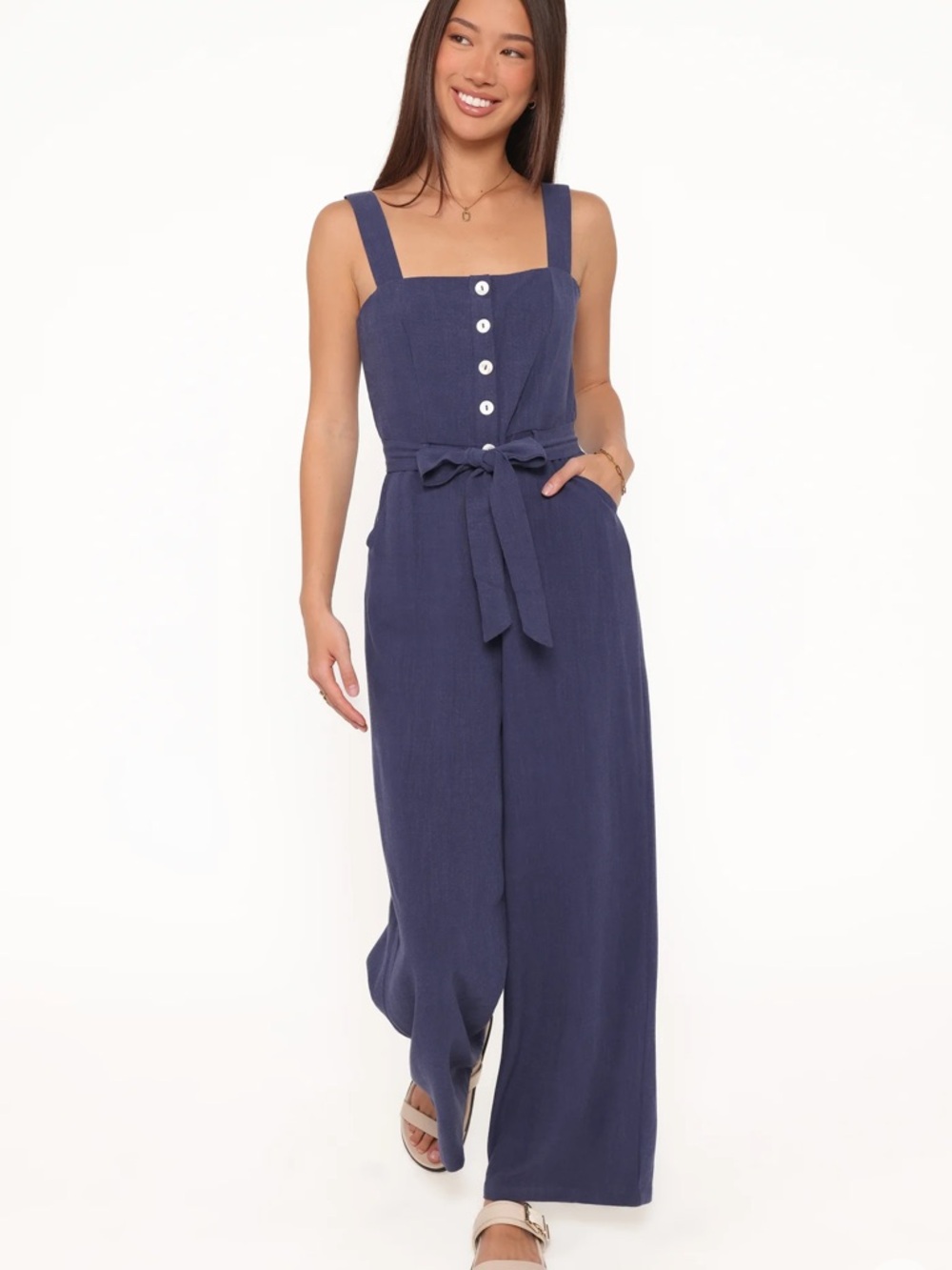 Petal & Pup Rachel Jumpsuit- Navy Button-Front Wide Leg Jumpsuit with Tie Waist